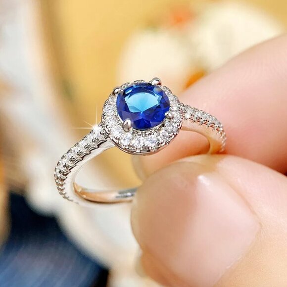 NEW 14k White Gold Sapphire Diamond Ring Halo Round Cut - Picture 3 of 8